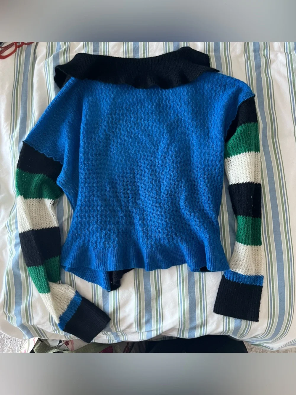 FREE PEOPLE Striped V-Neck Sweater in Black, Green & Blue - Picture 4 of 4